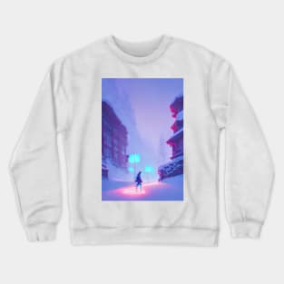 Anime Girl Snowy Street Lights Christmas Landscape Crewneck Sweatshirt